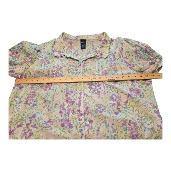 Basic Editions Womens Button Up Shirt 1X Purple Floral Print Pintuck Swiss Dot - Picture 7 of 9